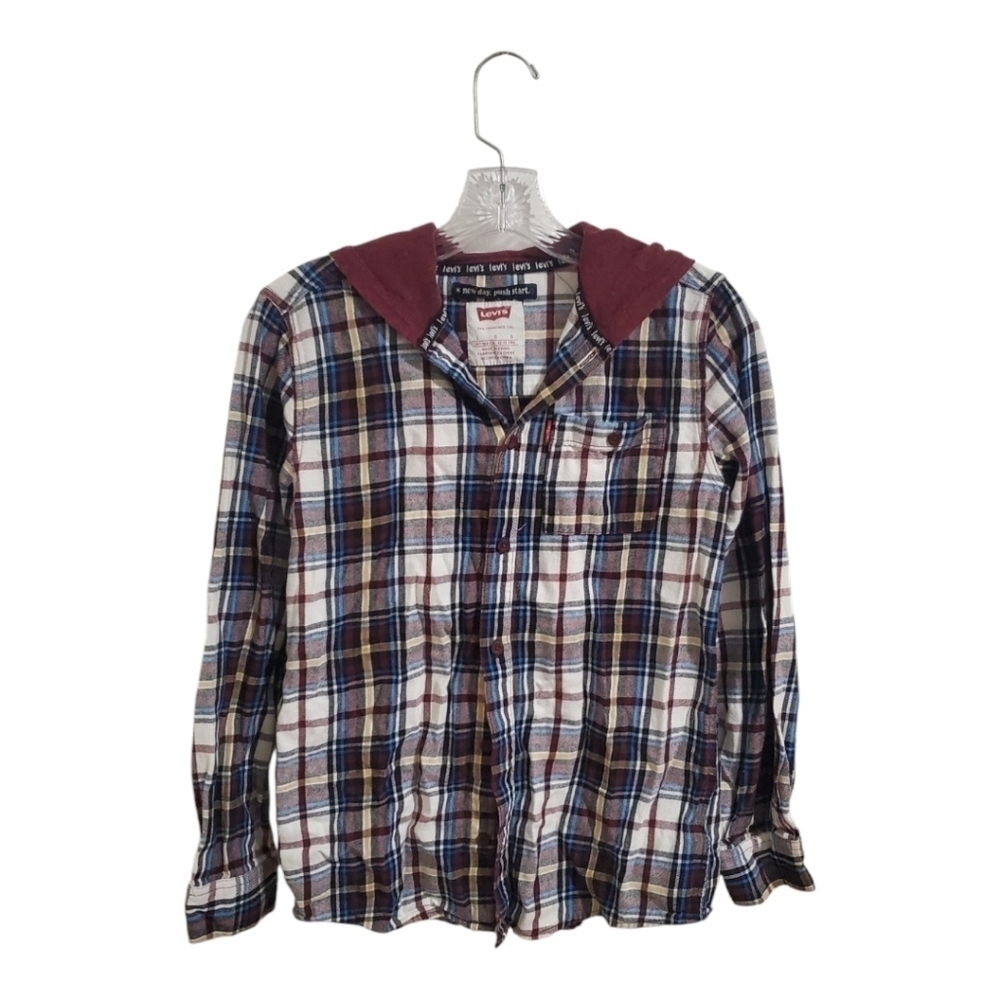 Levi's Big Boys Hooded Plaid Fannel Button Down Shirt Size Large